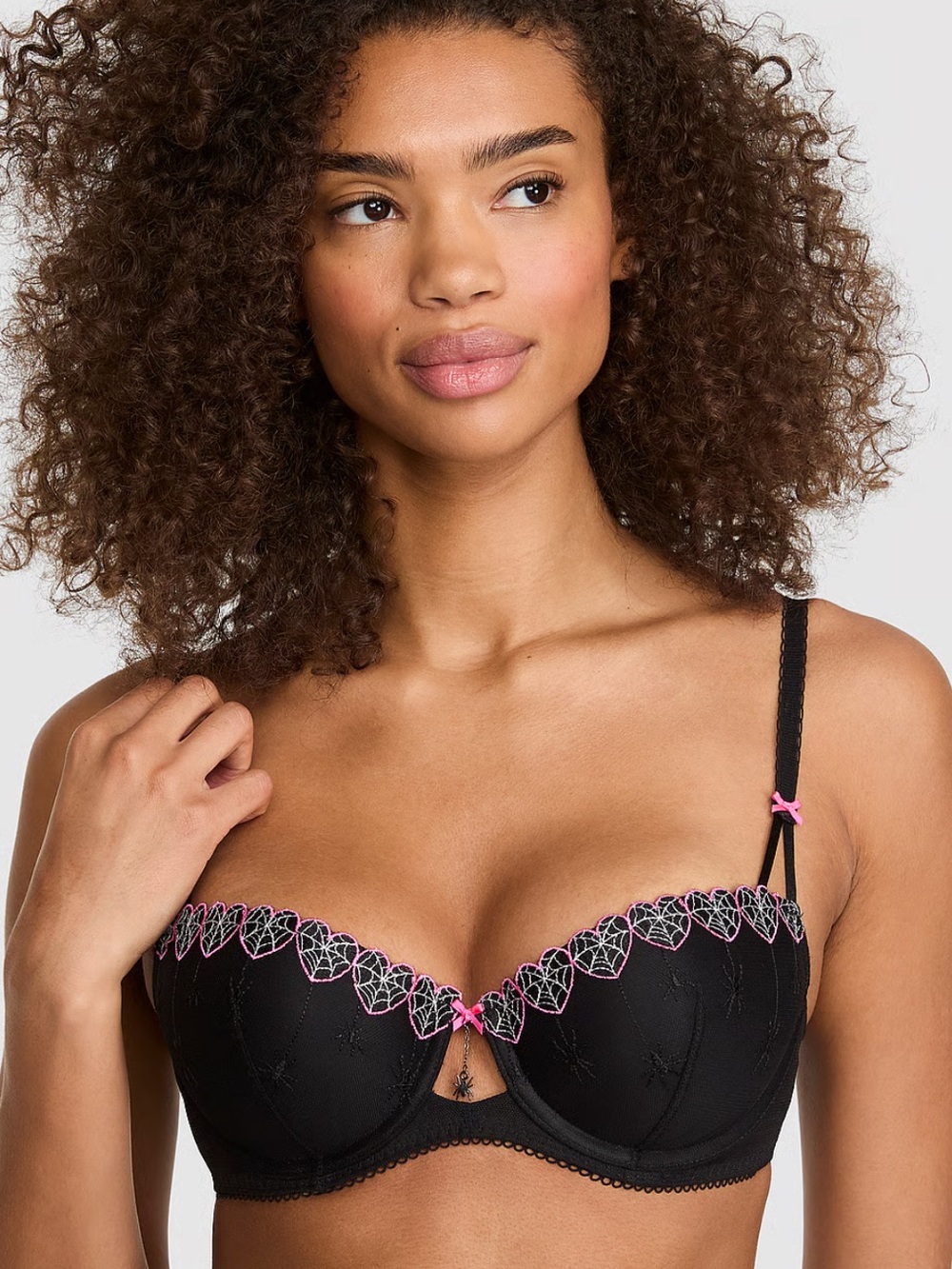 PINK Spiderweb Heart Push-Up Balconette Bra Black Pink 36D NWT